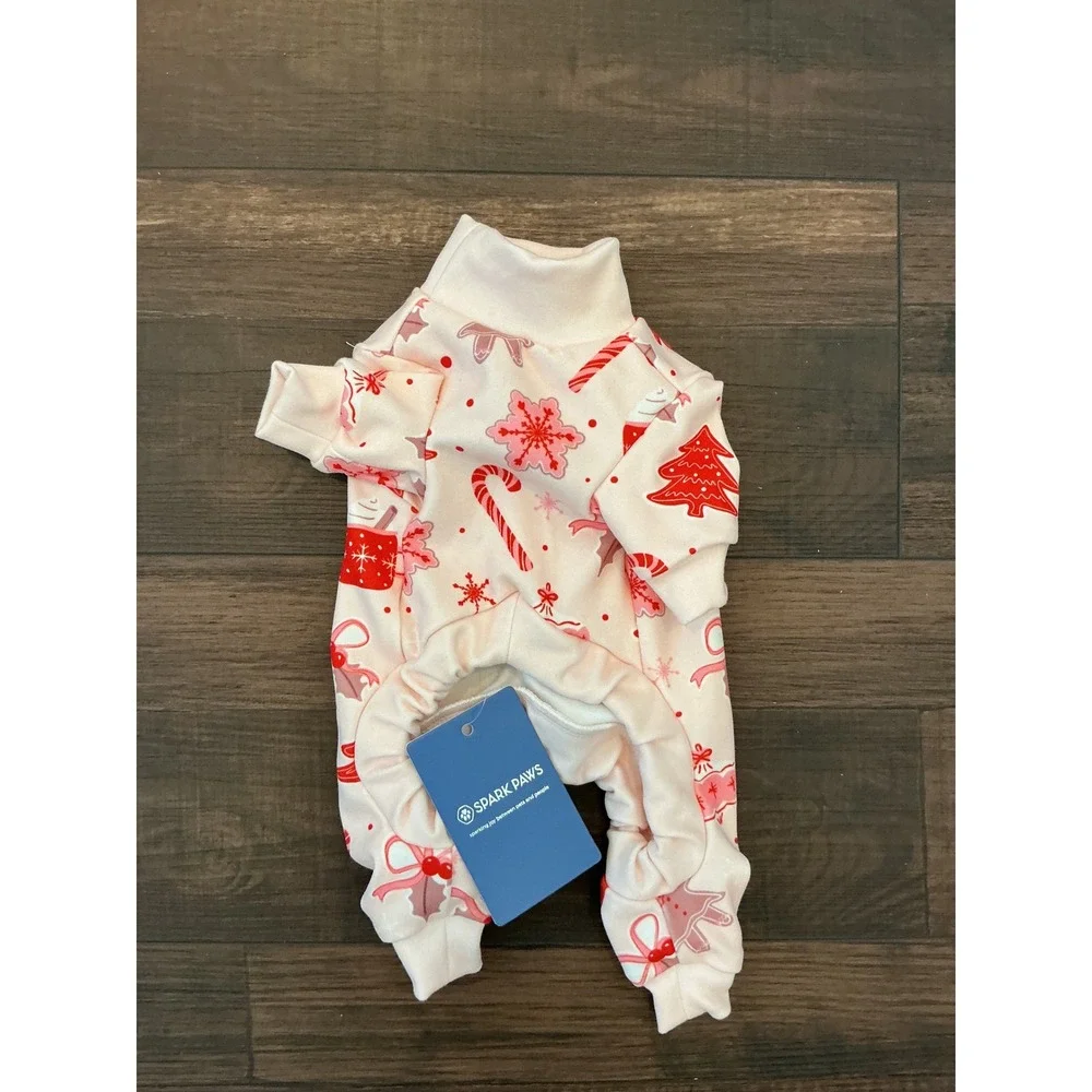 Spark Paws Dog Pajamas Cream Red Holiday Gingerbread Candy Cane‎ Print S/M